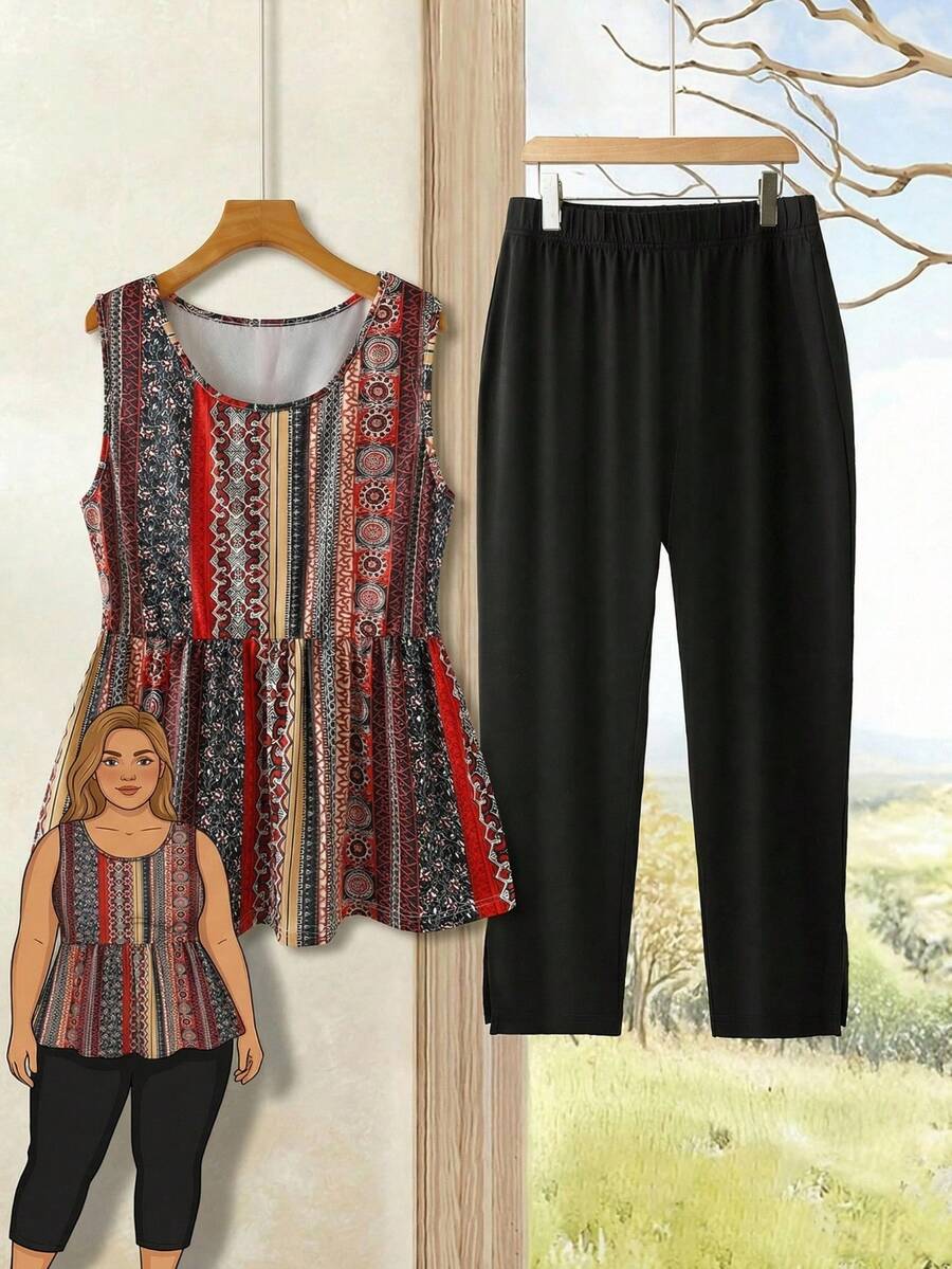 Rusticease Plus Size Women All-Over Print Round Neck Top And Wide Leg Pants Casual 2 Pieces Set - Multicolor - View 1