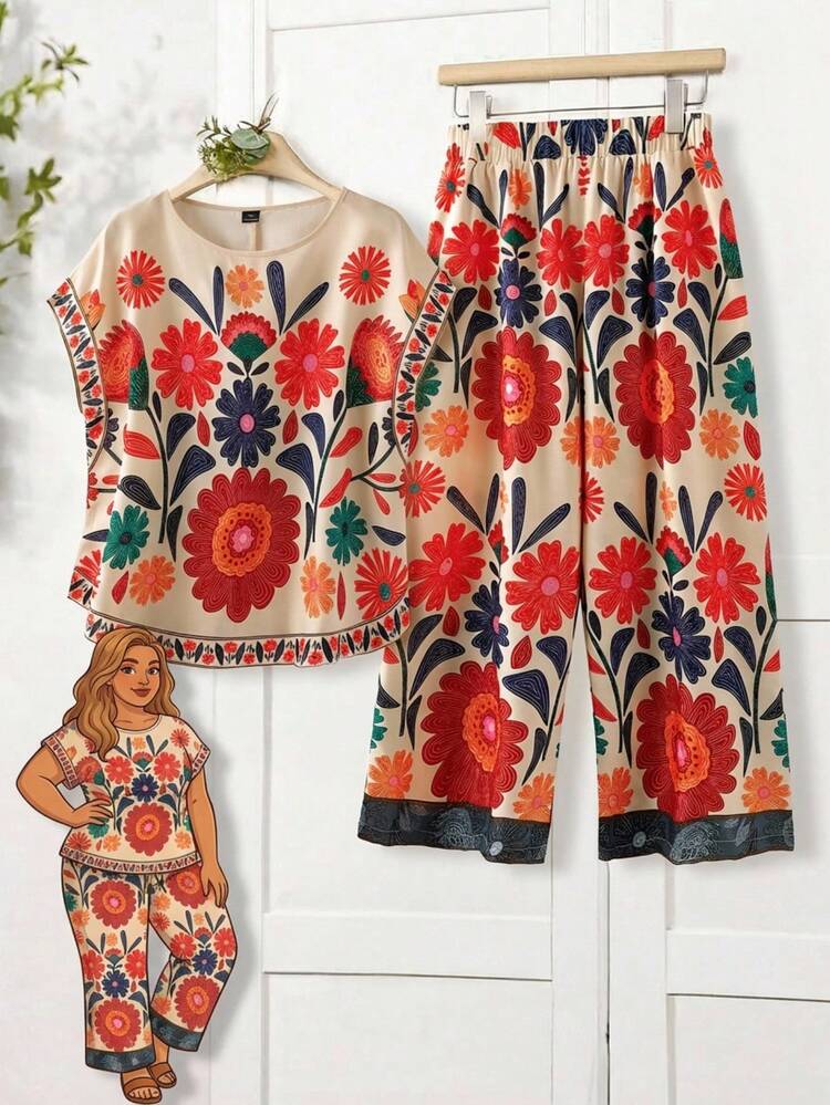 Plus Size Floral Print Top And Pants Two Pieces Set, Casual Holiday Outfit Women Vacation Outfit Sets Women Summer Outfits 2 Piece Womans 2 Piece Sets Women 2 Piece Outfit Casual Summer Outfits For Women  Beach Outfit For Women  Casual  Vacation Outfits Women Country Concert Outfit Peplum