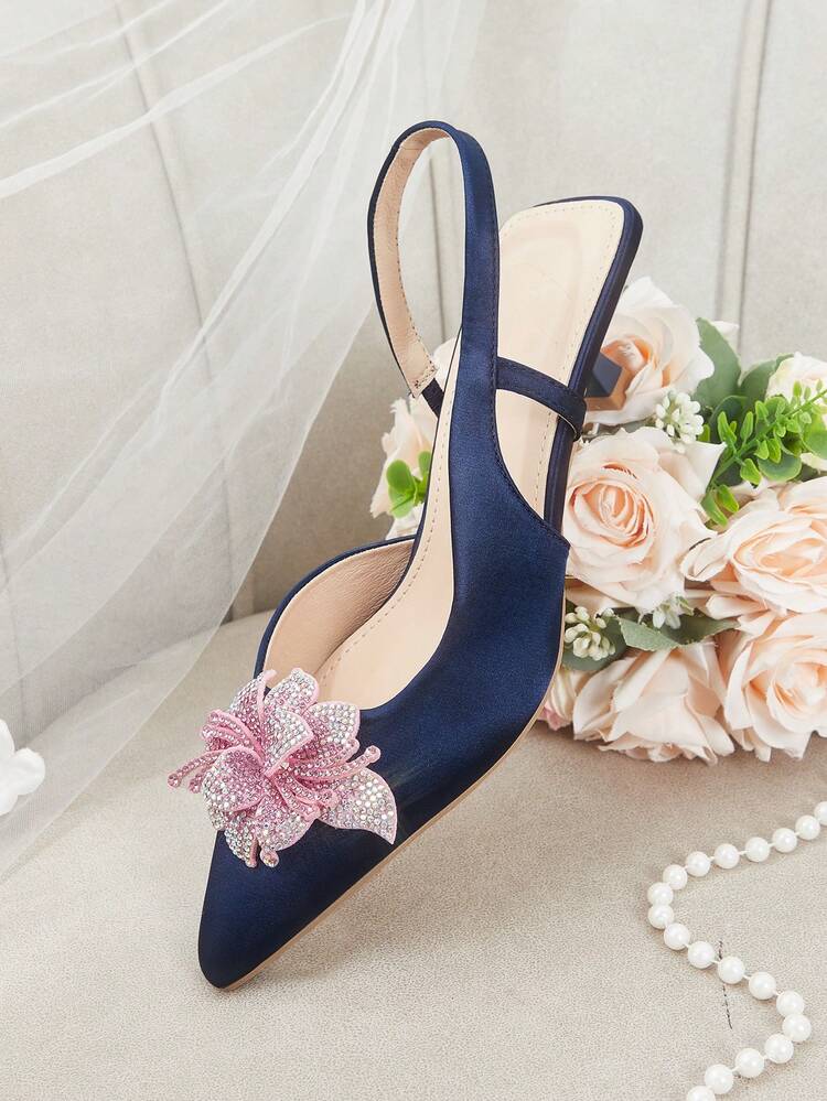 CUCCOO HITCHD Women's High Heel Pumps, Elegant & Graceful Pointed Toe, Pink Rhinestone 3D Flower, Navy Satin, Bridal, Bridesmaid, Wedding Guest Party Open Toe Shoes