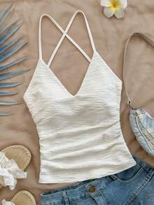 Franclia Casual Vacation Versatile V-Neck Criss-Cross Back Camisole, Women's White Sleeveless Tank Top, Lightweight Casual Vest For Spring/Summer, Commuting Versatile White Tank Top - White - View 1