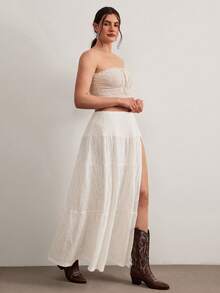 Freevana Đầm maxi dáng rộng cạp cao xẻ tà màu trắng ren dệt kim phong cách Bohemian, chân váy dài gợi cảm kiểu retro giúp thon gọn vóc dáng khi đi nghỉ mát, chân váy dài dáng suông thoải mái cho nữ dịp lễ hội. - trắng - Xem 5