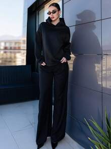 Bris Aura Black Casual Minimal Print Hooded Long Sleeve Loose Fit Thick Sweatshirt For Women, Spring/Autumn And Winter Hoodie - Black - View 3