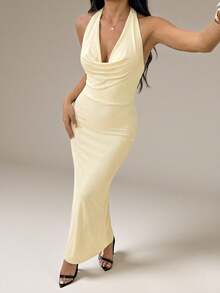 SHEIN PETITE 女士纯色网纱垂褶领优雅约会连衣裙，长款连衣裙，假日装扮，秋冬款 - 杏色 - 查看 3