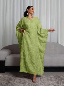 Al Najma 女士优雅纯色蝙蝠袖连衣裙 - 綠色 - 查看 3