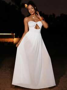 Lureya 女士时尚无肩带网纱透视镂空金属环圈沙滩风性感迷人精致年轻优雅浪漫日常度假外出派对连衣裙，春夏款 - 白色 - 查看 4