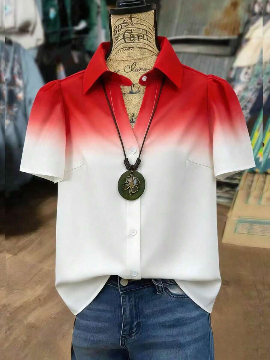EMERY ROSE Women's Ombre Single-Breasted Casual Versatile Daily Wear Short Sleeve Shirt - Multicolor - View 1