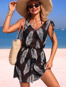 Swim Lushoire Vestido de playa para mujer de primavera/verano, vestido de malla estampada con cuello en V, cintura con cordón y sin mangas - Negro - Ver 1