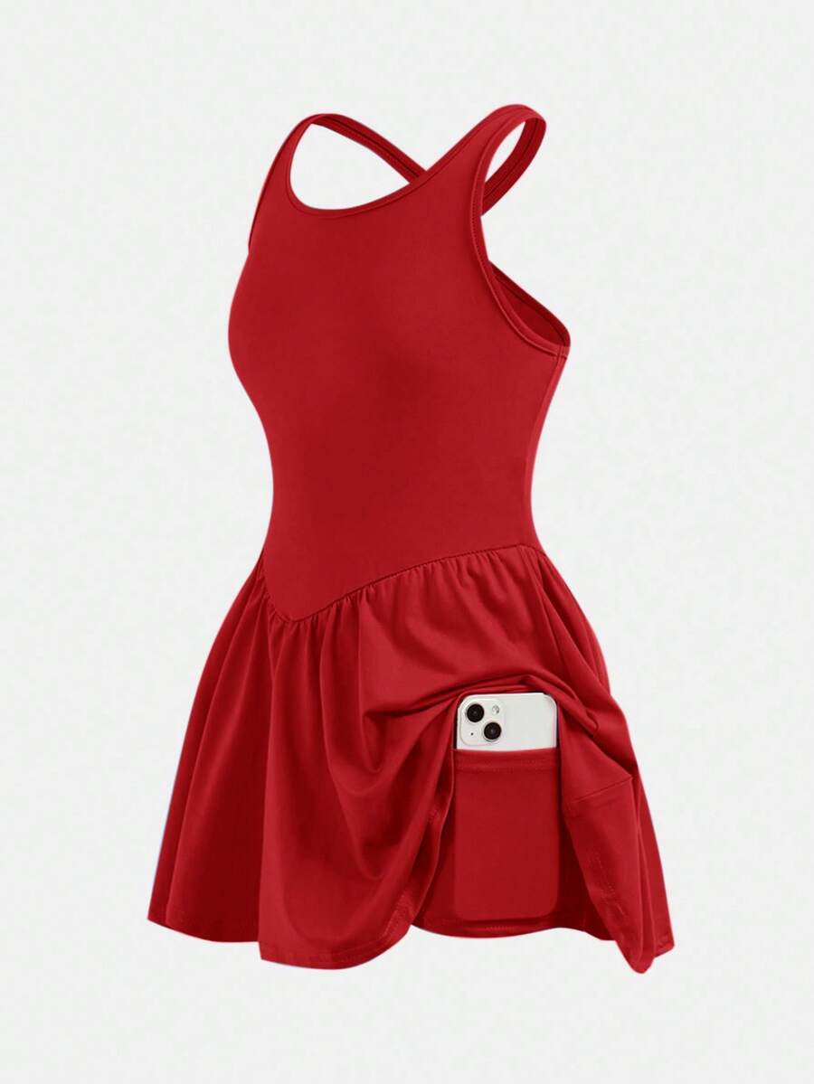 Gaun Olahraga Kasual Polos Model Racerback dengan Tali Silang untuk Anak Perempuan Remaja - Merah - View 1