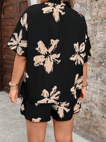 Breezaya Bộ áo sơ mi và quần short in hoa cỡ lớn, trang phục thường ngày cho kỳ nghỉ. - màu đen - Xem 2