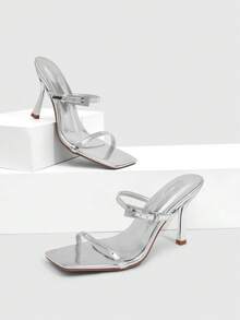 CUCCOO SZL 女士鞋履春夏新款银色方头细高跟搭扣凉鞋拖鞋时尚舒适百搭，适合通勤、性感派对等场合。 - 銀色 - 查看 1