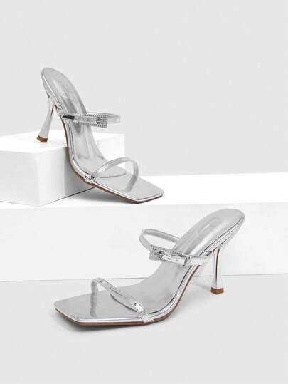 CUCCOO SZL 女士鞋履春夏新款银色方头细高跟搭扣凉鞋拖鞋时尚舒适百搭，适合通勤、性感派对等场合。