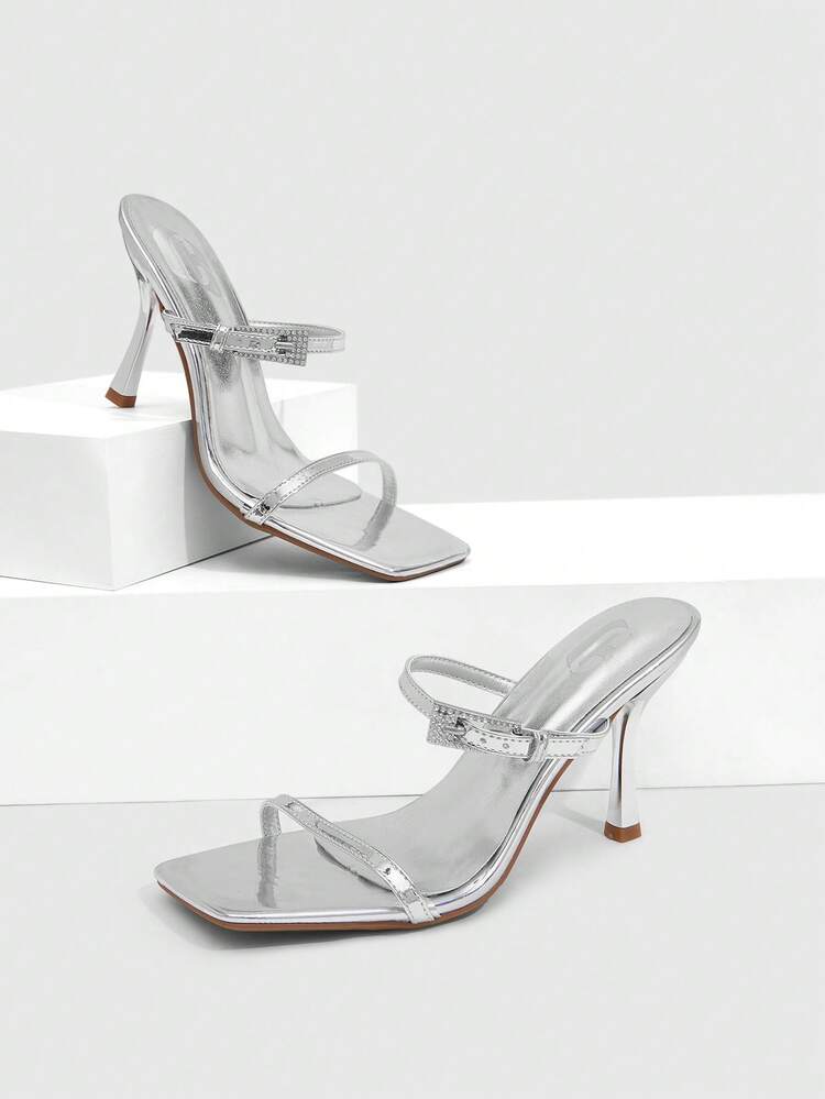 CUCCOO SZL Women Shoes Spring And Summer New Silver Square Toe Stiletto Buckle Strap Women's High-Heeled Sandals Slippers Fashionable And Comfortable Versatile Commuter Sexy Party Women's Sandals Women's Shoes Slippers Prom Heels