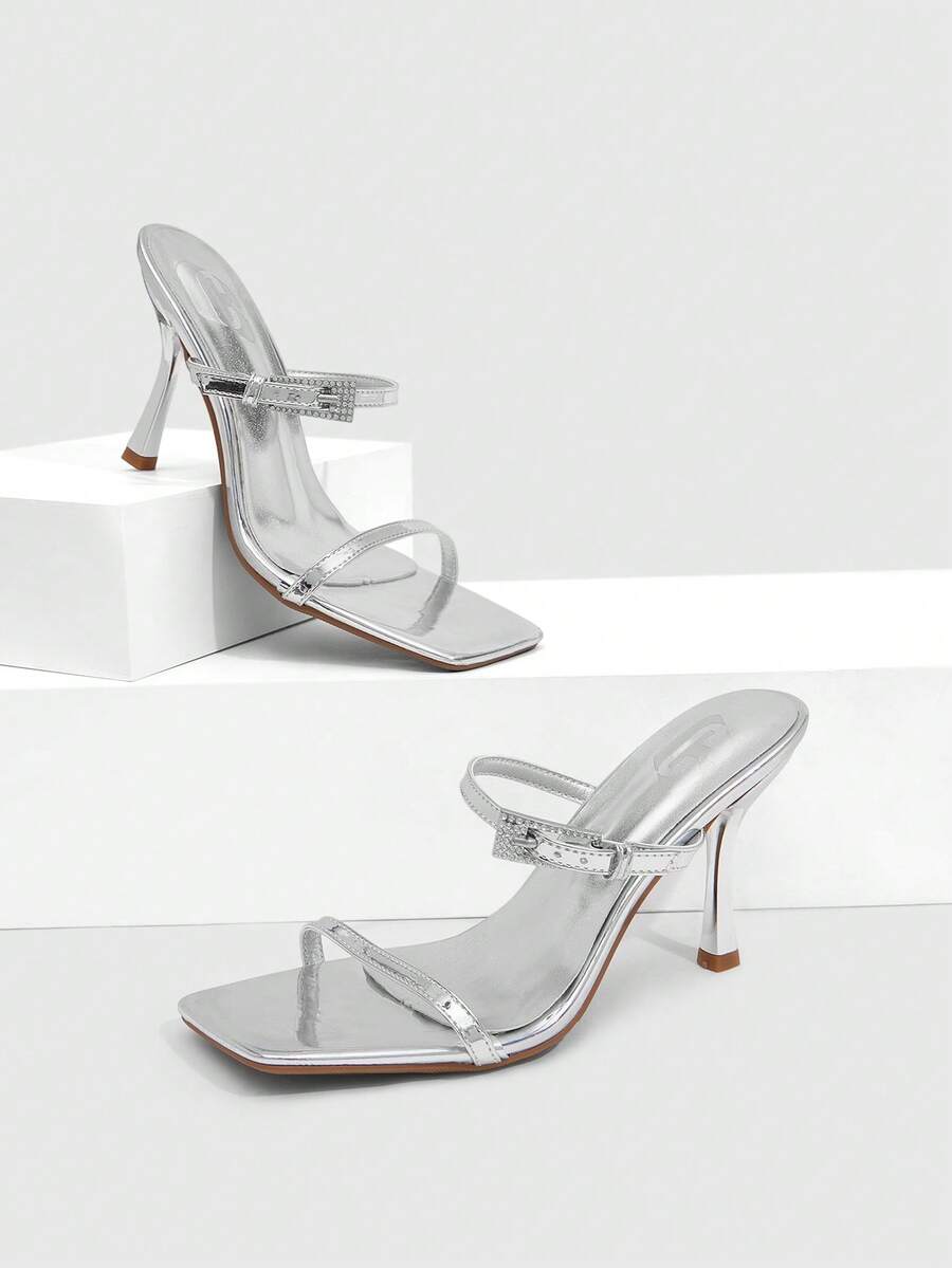 CUCCOO SZL 女士鞋履春夏新款银色方头细高跟搭扣凉鞋拖鞋时尚舒适百搭，适合通勤、性感派对等场合。 - 銀色 - 查看 1