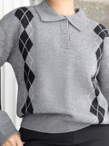 Melissa Matos 女士秋季宽松针织毛衣，翻领，菱形图案 - 灰色 - 查看 6