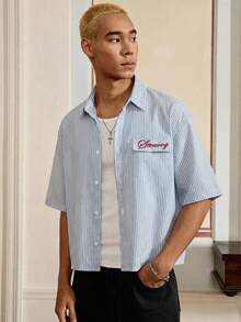 SWAVVY Men's Casual Striped Letter Embroidered Shirt, Summer - Red - View 4