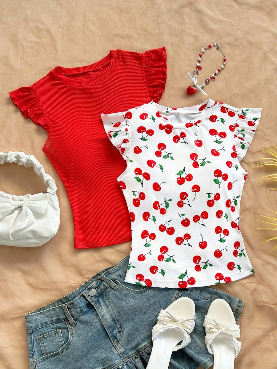 Soleia WYWH 度假风荷叶边罗纹白色针织T恤，两件套，含樱桃纯色T恤，波西米亚风，浪漫花卉图案，适合度假、派对、约会、情人节、复活节、狂欢节、下午茶、海滩、邮轮、城市度假等场合。 - 彩色 - 查看 1