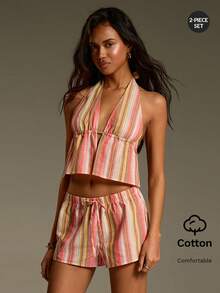 Athîral Women's Vacation Casual Striped Backless Halter Top And Shorts 2 Pieces Set - Multicolor - View 1
