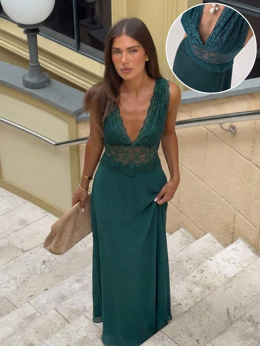 Aloruh Đầm dự tiệc đính ren xanh lá cây đậm hiện đại lãng mạn mới khoét eo hở vai dự tiệc ngày nghỉ - Màu xanh lá cây đậm - Xem 1