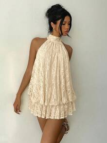 Aloruh 女士优雅浅黄色露背系带迷你连衣裙 - 杏色 - 查看 8