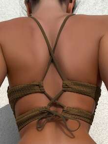 Swim SXY 女士夏季沙滩纯色系带性感比基尼上衣 - 咖啡棕 - 查看 2