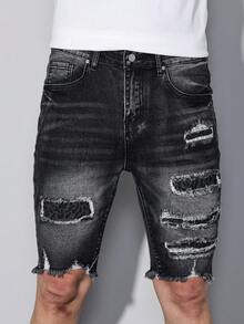 Manfinity LEGND Pantalones cortos vaqueros de hombre con parches desgastados, estilo slim fit de calle - Negro - Ver 1