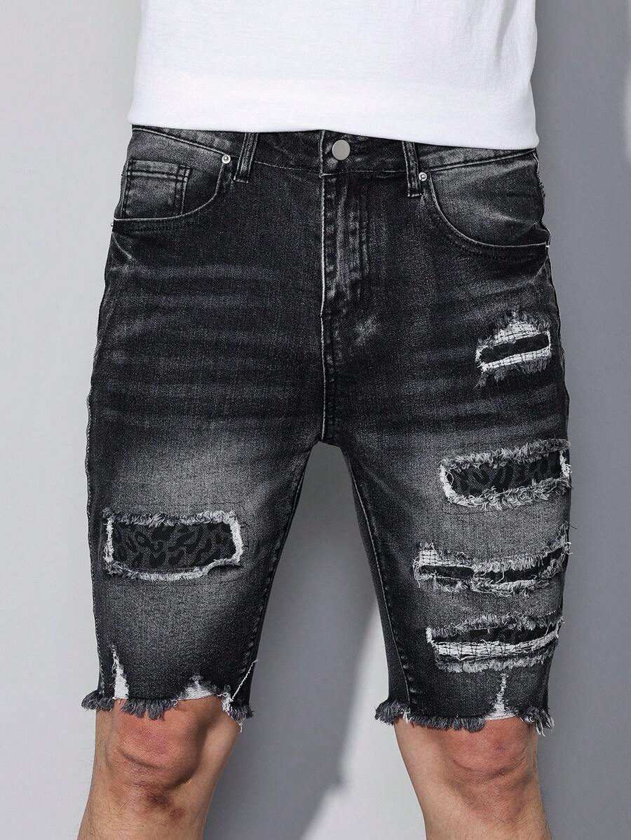 Manfinity LEGND Pantalones cortos vaqueros de hombre con parches desgastados, estilo slim fit de calle - Negro - Ver 1