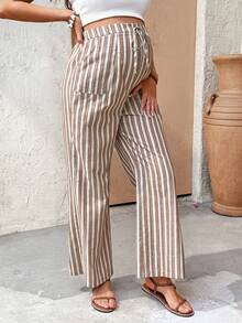 SHEIN 孕妇条纹可调节腰带口袋休闲百搭阔腿裤 - 卡其色 - 查看 4