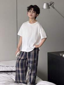 DAZY Tween Boy Solid Color Round Neck Drop Shoulder T-Shirt And Plaid Pants Casual Outfit Summer - White - View 3