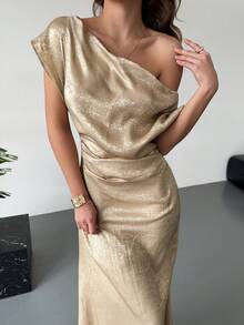 Aloruh New Arrival Spring/Summer Elegant Sexy Party Asymmetric Shoulder Design Ruched Waist Slimming Long Dress, Gold Evening Gown, Wedding Season Dress - Gold - View 3