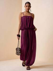 Zivah 2026春夏新款音乐节、复活节、圣帕特里克节、情人节、约会、西部风、游牧风、生日派对、毕业典礼、大学、学生、日常休闲、基础款、休闲、度假、邮轮、海滩、日光浴、热门款、街头风、婚礼宾客、通勤、早午餐、机场、派对、假日郊游、办公装、荷叶边吊带上衣和带口袋的阔腿裤，雪纺棕色两件套 - 紫色 - 查看 6