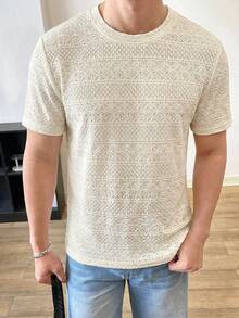 Manfinity Unisex Men's Casual Loose Fit Short Sleeve T-Shirt, White Jacquard Fabric, Summer - Apricot - View 4