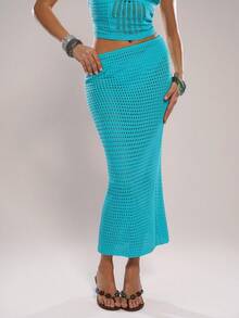 SHEIN BAE 2件/套露背系带浪漫度假女式毛衣 - 藍色 - 查看 8