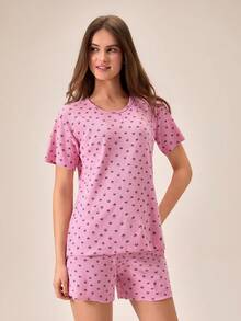 Loomlin Bộ đồ ngủ nữ 2 món bằng cotton, dệt kim gân, màu hồng phối tương phản, họa tiết trái tim, cổ tròn, tay ngắn, áo và quần short, thoải mái, mặc nhà. - Hồng - Xem 4