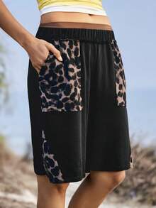 WanderVale Women's Leopard Print Patchwork Pocket Casual Versatile Daily Wear Shorts,Casual,Spring, Summer For Women,Going Out Women's Summer Shorts For Woman - Black - View 5