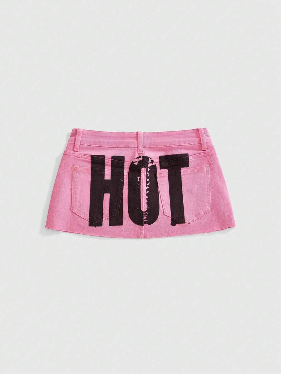 ROMWE Y2K 女士字母印花口袋纽扣休闲百搭约会外出牛仔迷你裙 - 粉色 - 查看 1