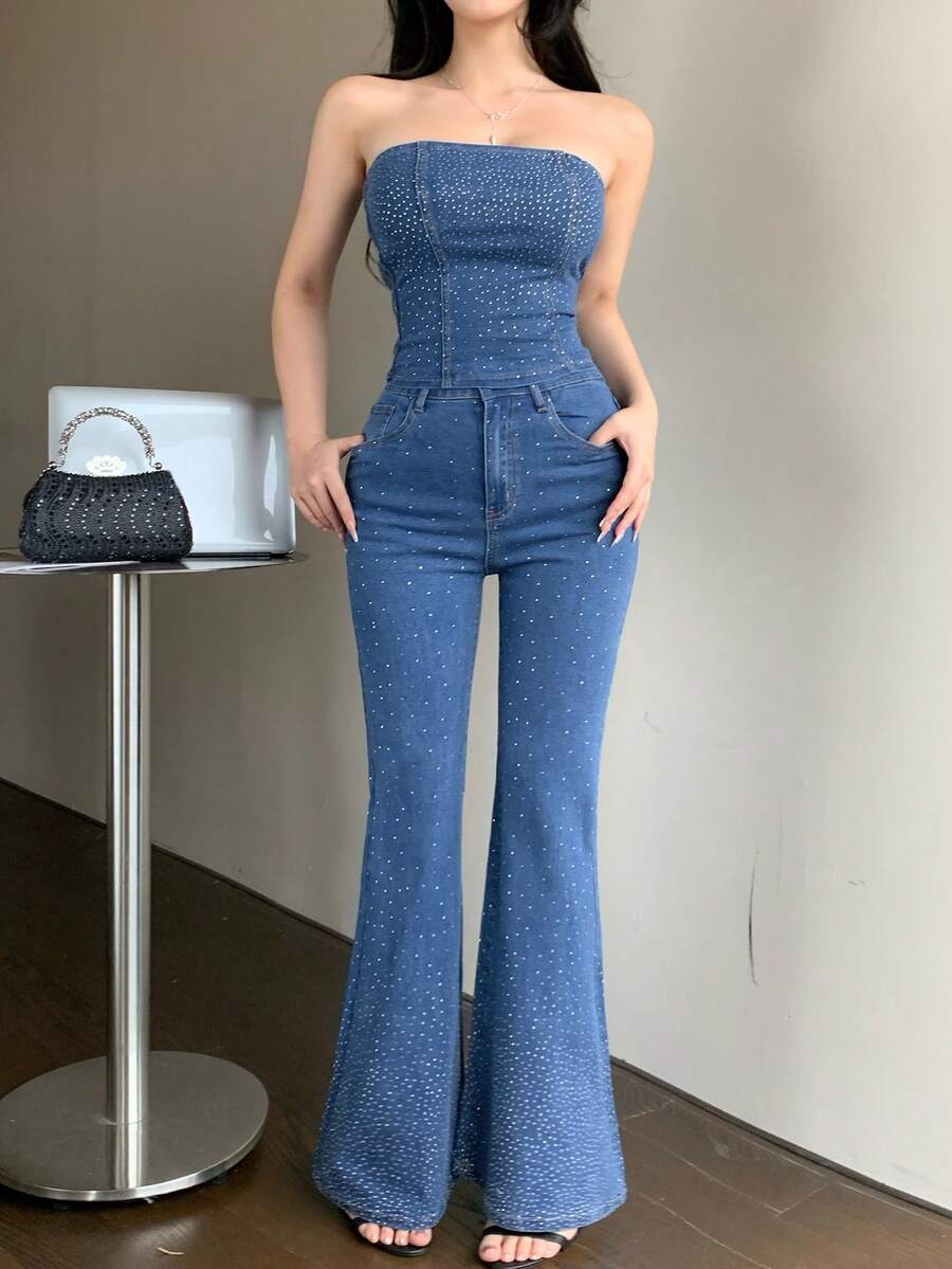 DAZY Bộ đồ nữ thanh lịch gồm áo quây đính đá hoa và quần jeans ống loe, thích hợp cho mùa xuân/hè. - Rửa trung bình - Xem 1