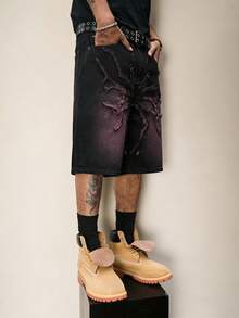 Manfinity EMRG Quần short denim dáng rộng nhuộm màu tím loang họa tiết nhện của thương hiệu New American Streetwear. - màu đen - Xem 5