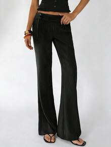 Elamini 女士黑色细条纹超低腰条纹双扣腰带装饰休闲喇叭裤，修身优雅长裤，适合工作通勤和日常休闲穿着，办公室着装 - 黑色 - 查看 3