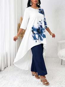 SHEIN Lady Plus Size Elegant Commuter Floral Print Long Top And Pants 2 Pieces Set - Multicolor - View 4