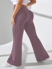 SHEIN Rhythm Era 大码女式高腰喇叭裤纯色运动裤 - Bold Plum - 查看 2