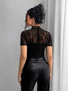 Rafferiza 女士优雅蕾丝短袖衬衫 - 黑色 - 查看 2