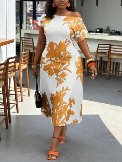 Slaydiva 2026 Spring/Summer New Elegant & Party & Date & Gathering & Carnival & Birthday Party & Wedding Season & Graduation Season & Ball & Music Festival & Girlfriend Party & Date Night Bodycon Asymmetric Shoulder Ruched Waist A-Line Maxi Dress, Floral Print, Knit Fabric, Plus Size Dresses Off Shoulder Dress Woman Dress Work Outfits Women Work Dresses For Women