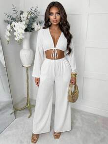 Slaydiva New Early Spring, Spring And Summer Music Festival, Valentine's Day, Easter, Bohemian Style, Nomadic Style, Casual, Simple And Basic, Cruise Party, Birthday Party, Daily Date, Casual Vacation, Elegant Commuting, V-Neck, Shoulder Sleeve, Long Sleeve, Hem, Tie, Ultra-Short Top + Wide-Leg Pants, Pocket Pants, Elastic Waist, White Suit, Women's Two Pieces Set -A - White - View 1