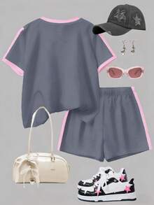 2pcs/Set Tween Girls' Casual Minimalist Blue, Mini Bow Pattern, Contrast Cream Pink Stripe Short Sleeve Round Neck T-Shirt And Shorts Set, Suitable For Summer, Autumn Outfits Easy Comfort, Autumn Layers For Kids, Stylish Girls, Casual Wear, Kids Graphic Clothes, Back To School, Fall Clothes, Homecoming Zoey Outfit Cute Set Kawaii Outfit E Girl Clothes Girl Clothes - Multicolor - View 2
