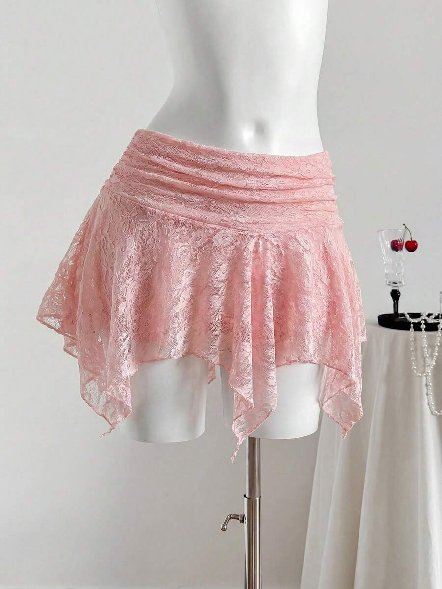 Comfortcana Falda asimétrica de encaje rosa para mujer, primavera/verano - Rosa - Ver 1