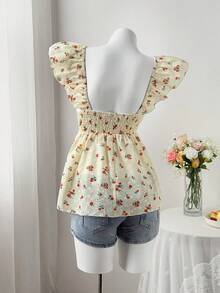 Flirla Plus Size Elegant Floral Embroidery Cap Sleeve Blouse, Suitable For Spring/Summer Vacation - Yellow - View 2