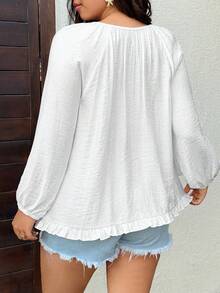 Sunnyshic Plus Size Women's Solid Color Round Neck Pleated Single-Breasted Casual Versatile Daily Wear Shirt - White - View 2