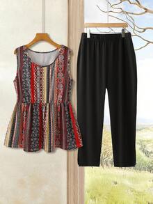 Rusticease Plus Size Women All-Over Print Round Neck Top And Wide Leg Pants Casual 2 Pieces Set - Multicolor - View 2