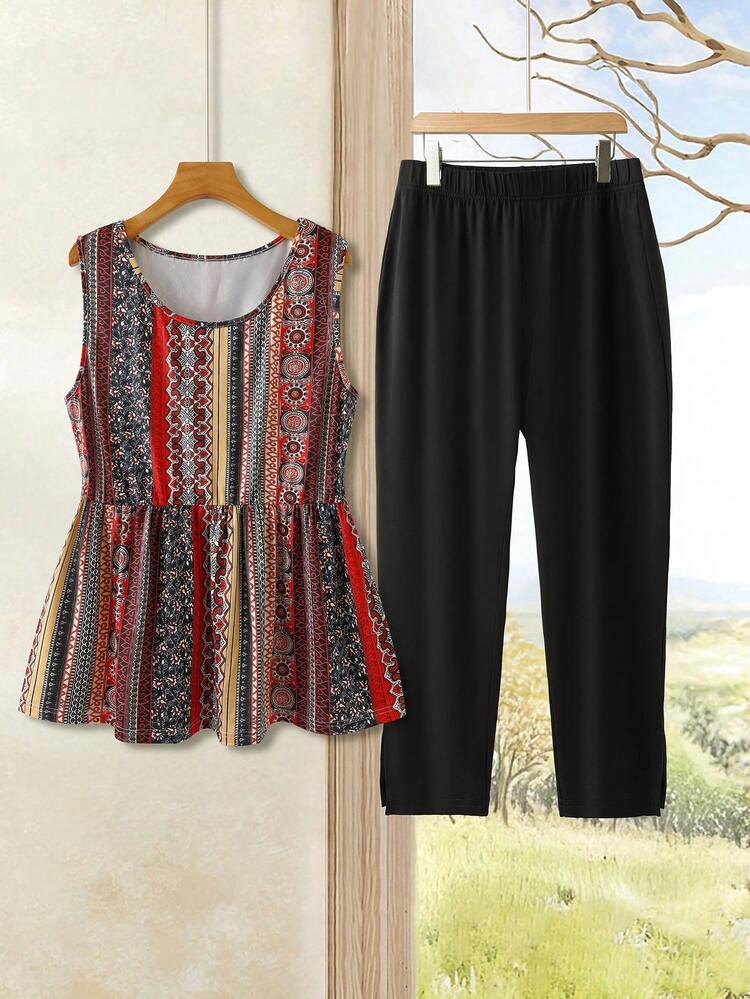 Plus Size Women All-Over Print Round Neck Top And Wide Leg Pants Casual 2 Pieces Set