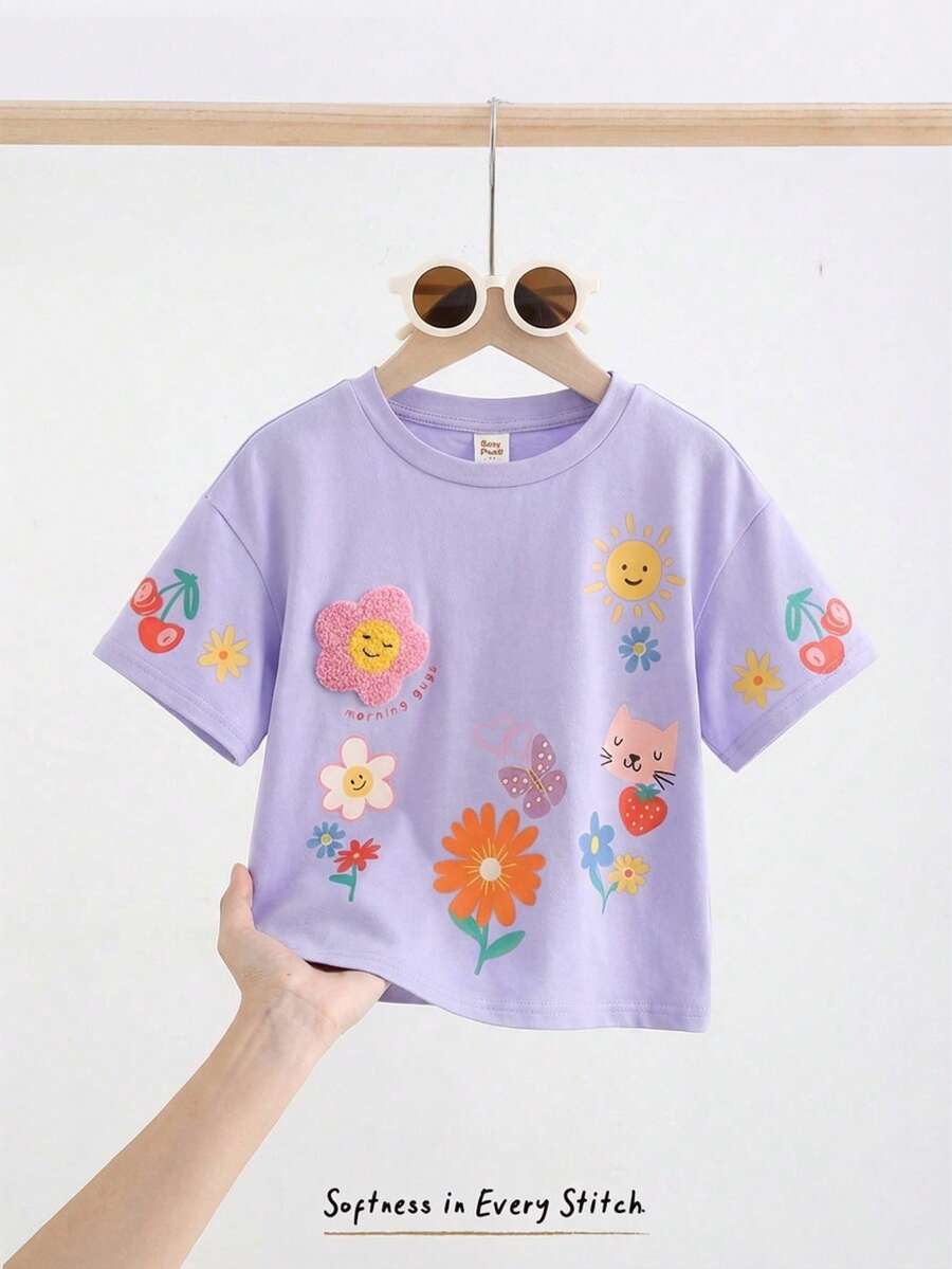 Cozy Pixies 少女水果圖案針織柔軟圓領短袖落肩套頭上衣 - 淡紫色 - 查看 1